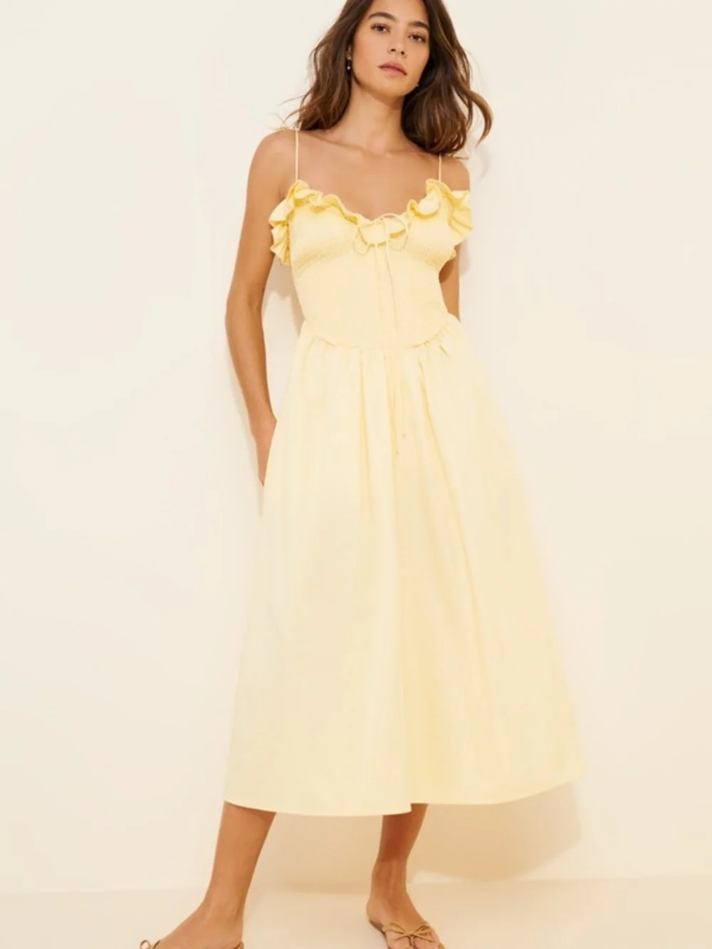 For Love & Lemons Pale Yellow Smocked Ruffle Midi Dress - Picture 1 of 7